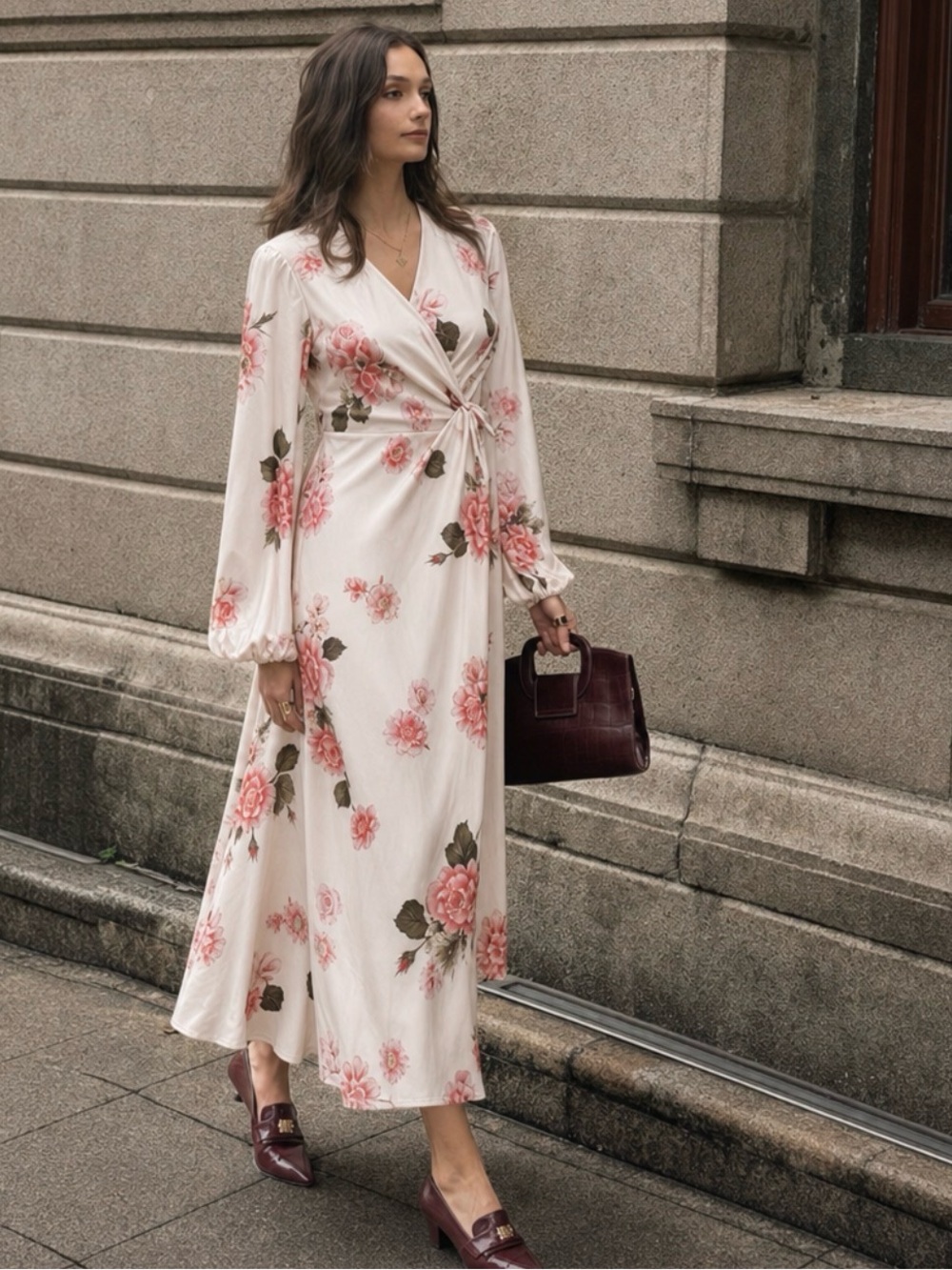 Floral Pink and Green Satin Dress Panel
